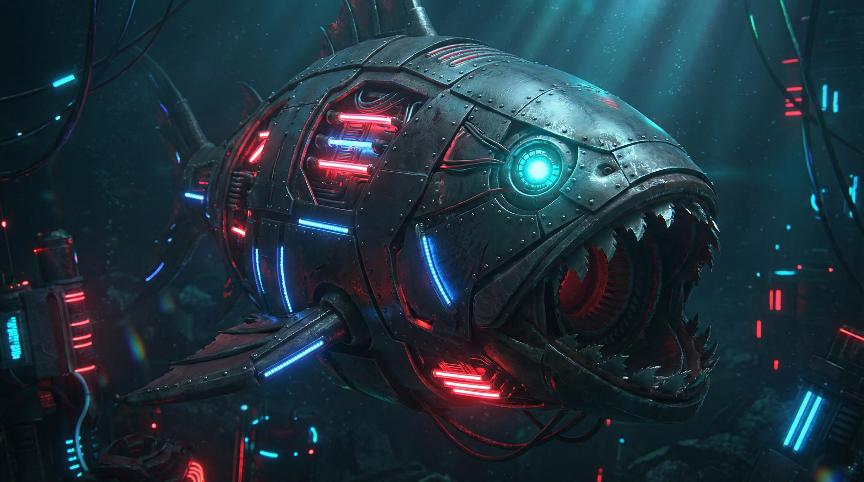 高能粒子炮台正在向机械鱼群开火